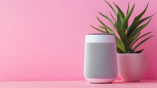 Modern wireless speaker next to a potted plant against a pink background in a bright and contemporary setting - Powered by Adobe