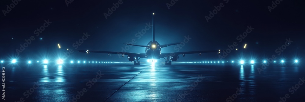 Fototapete Airplane on illuminated runway at night with navigation lights creating a striking atmosphere. Generative AI