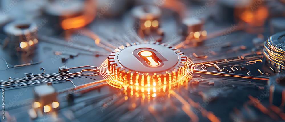 Poster blockchain nodes connected to a glowing central lock in a digital environment cybersecurity concept 