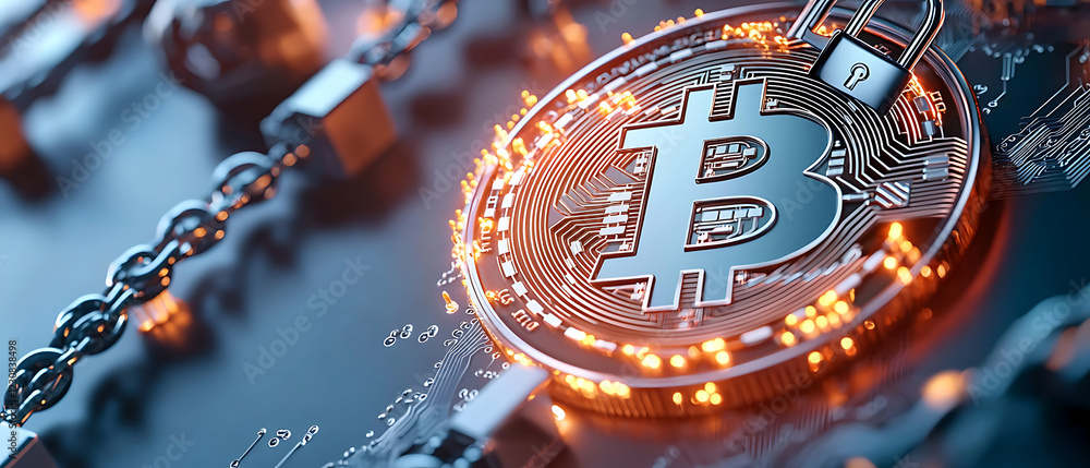 Poster illuminated blockchain symbols forming a glowing circle around a bitcoin coin digital finance concep