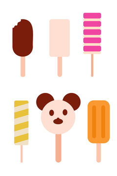 Cute, colorful ice cream popsicles collection including bear inspired character, chocolate-covered, vanilla, striped lemon, orange cream, and pink layered ice pops. Social media, menu designs, article
