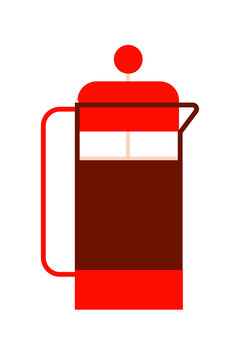 Red French press coffee maker with coffee. Simple geometric vector design perfect for caf&eacute; branding, kitchen d&eacute;cor, coffee shop menus, modern culinary illustrations, articles, posts for social media