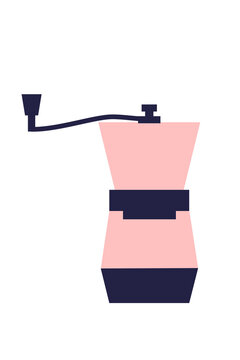 Colorful manual coffee grinder in pink and navy blue color. Simple geometric vector design perfect for caf&eacute; branding, kitchen d&eacute;cor, coffee shop menus, modern culinary illustrations, articles, posts 