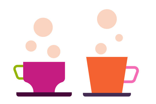 Two steaming coffee cups, mugs in vibrant colors - magenta and coral orange with contrasting handles and saucers. Geometric flat design perfect for café branding, menu, and coffee-themed social media