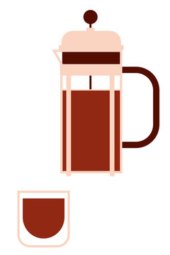French press coffee maker with coffee. Simple geometric vector design perfect for caf&eacute; branding, kitchen d&eacute;cor, coffee shop menus, modern culinary illustrations, articles, posts for social media