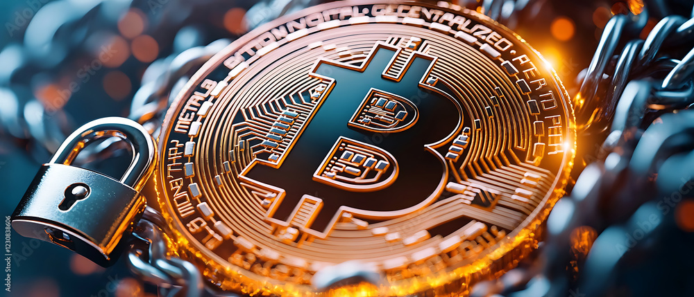 Poster blockchain symbols forming a glowing circle around a secure bitcoin coin in a digital environment hi