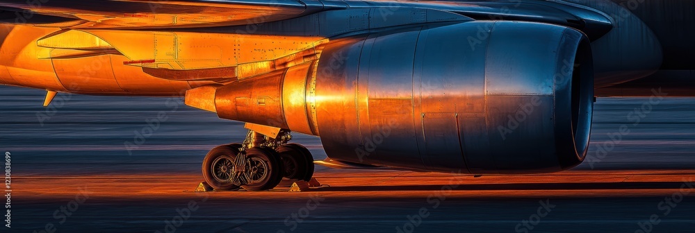 Poster beautiful airplane wing illuminated by sunset hues on a runway during twilight hours. generative ai