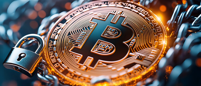 Blockchain symbols forming a glowing circle around a secure bitcoin coin in a digital environment highlighting modern cryptocurrency technology