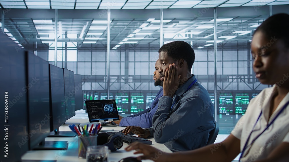 Poster data center software developer maintaining company network infrastructure by configuring and trouble