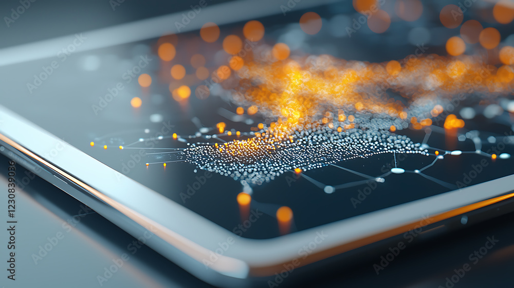 Poster business digital security event featuring interactive tablet visualization in modern office environm