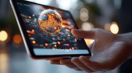 Digital security visualization on tablet modern office environment technology overview innovative display concept business insights