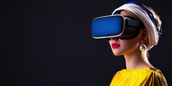 girl with pearl earring wearing vr headset using smartphone 