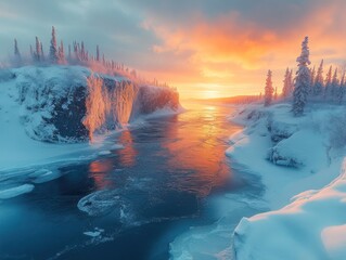 Golden hour over a frozen river landscape with snow-covered cliffs and trees, stunning winter scene