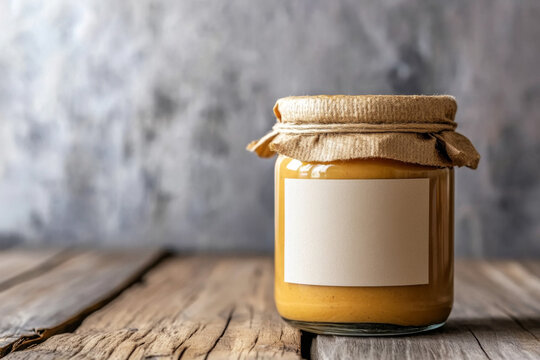Peanut, almond, nut butter jar mockup with blank label. 