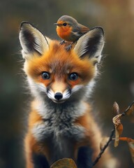 Fox kit, robin, autumn forest, closeup, wildlife