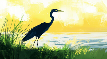 An illustration or postcard of a black heron walking along the sea’s edge through dense grass.