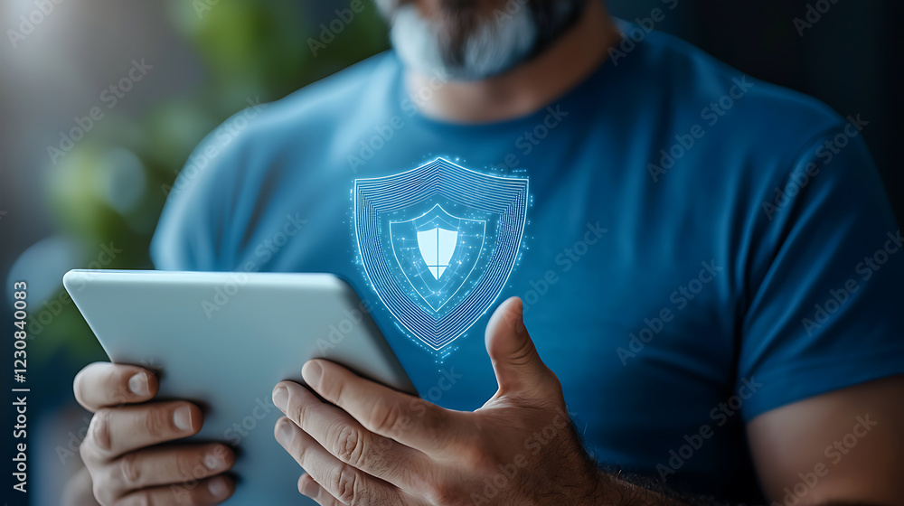 Poster business professional engaged in tablet cybersecurity practices office setting digital technology fo
