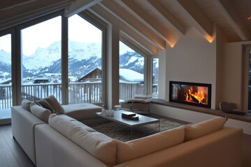 White corner sofa near fireplace. Scandinavian home interior design of modern living room 