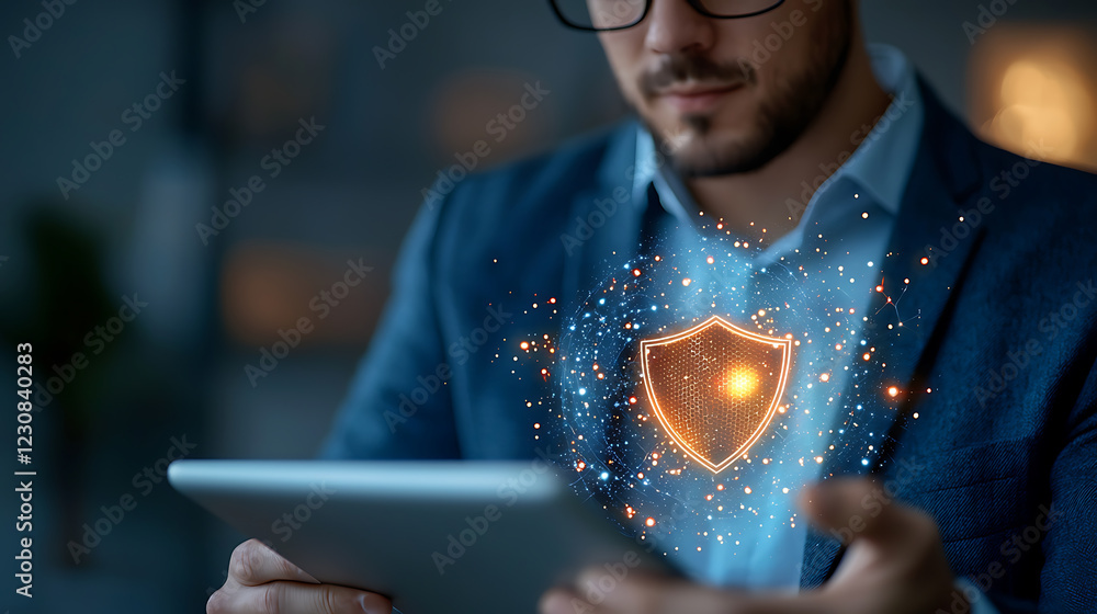 Aufkleber business professional utilizing glowing data shield for enhanced security modern office digital inte