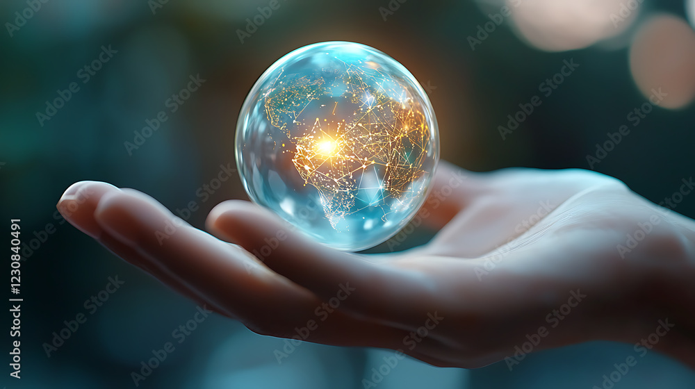 Poster business user managing secure global data on tablet digital sphere technology environment close-up v