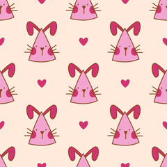 Cute pattern with a pink rabbit face on a party hat. Kawaii hat with a bunny. Element for print, texture, fabric, wrap. Vector illustration on a isolated background