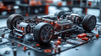 Obraz premium Electric car components and technology close-up. Generative AI