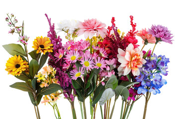 Colorful Fake Flower Bouquet Featuring Various Types of Plants on a White Transparent Background