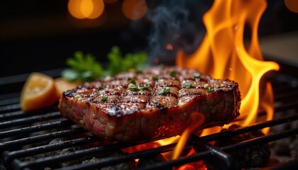 Juicy beef steak grilled over high heat with roaring flames, sizzle, cooking, steak
