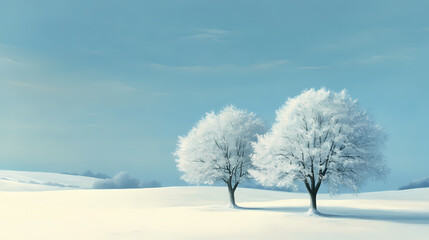 A serene winter landscape featuring two frosted trees amidst a snowy field under a soft blue sky. Frosted Fields. Illustration