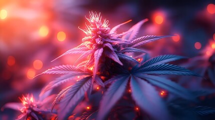 A close up of a purple marijuana plant with a purple background