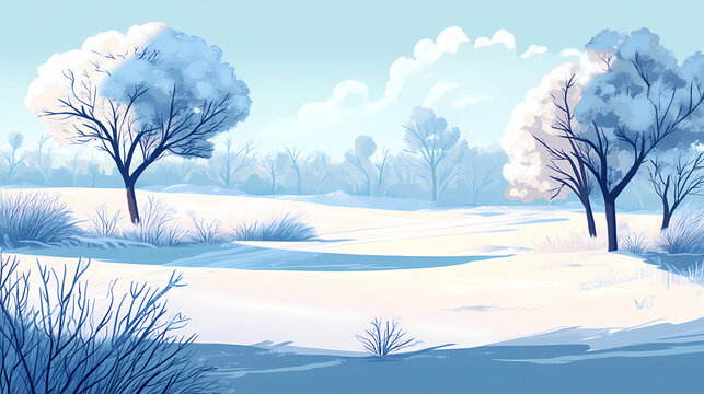 A serene winter landscape featuring frosted trees and a snowy field under soft light. Frosted Fields. Illustration