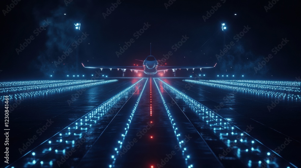 Aufkleber airplane prepares for takeoff on illuminated runway at night surrounded by navigation lights. genera