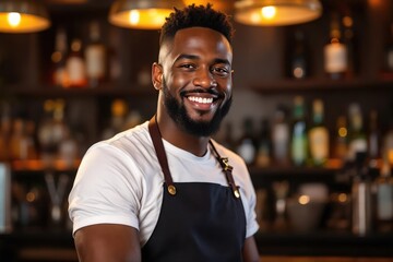 Fototapeta premium portrait of a young smiling Barbadian male bartender against blurred bar background