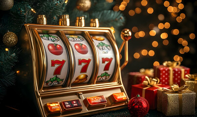 Golden Slot Machine Jackpot with Christmas Tree and Festive Gift Background