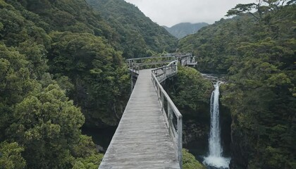 Scenic wooden bridge extending into a lush green forest with a waterfall in the background creating a peaceful and tranquil nature scene