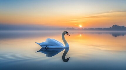Fototapeta premium White Swan on Calm Lake at Sunrise with Golden Sky