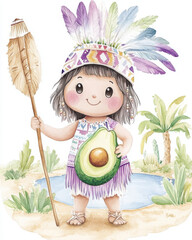 Cute girl holding avocado, wearing feathered headdress and traditional attire, surrounded by tropical plants and pond. vibrant and playful illustration