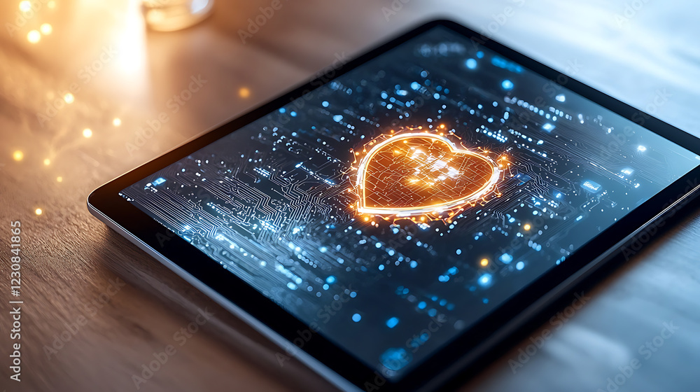 Poster cyber shield protecting global data network with heart visuals on digital tablet technology environm
