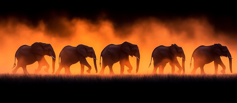 African Elephant Silhouette Sunset Herd Walking Wildlife Photography - Powered by Adobe