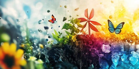 Lush vegetation and colorful crystals surround a small wind turbine, symbolizing the harmony between renewable energy and nature, with butterflies adding a touch of magic to the scene
