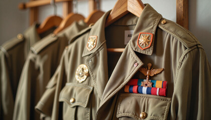 Vintage military uniform hanging with shiny medals, tribute postcard