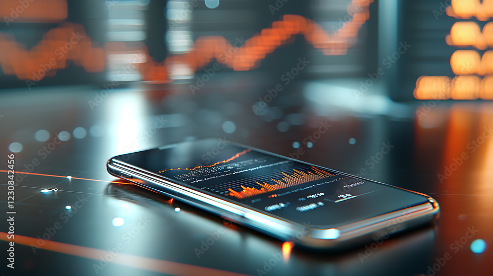 Poster analyzing cyberprotected financial data on smartphone screens in a modern workspace environment