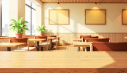 Fototapeta premium Empty anime cafe table with warm soft tones, inviting ambiance