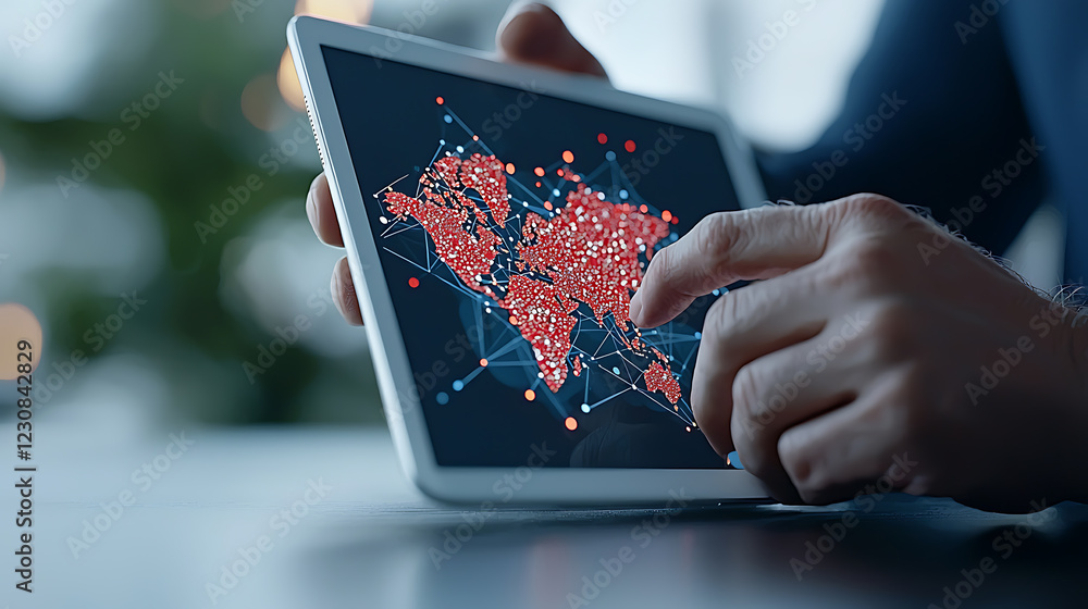 Poster enhancing cybersecurity global network connections tablet interface digital environment close-up vie