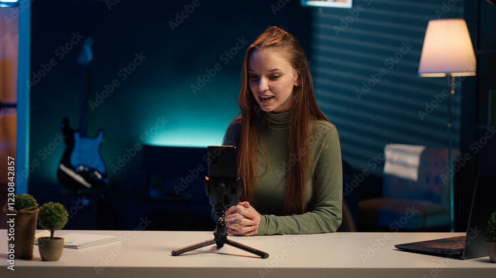Poster smiling girl using smartphone on tripod to film herself discussing topics of interest for generation