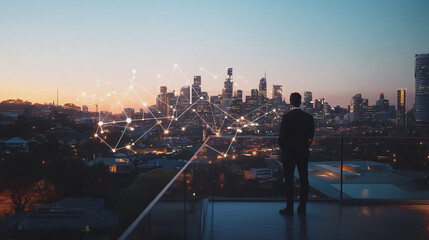 Smart digital Innovation city with connection network reciprocity over the cityscape. of future smart wireless digital city and social media networking systems that connects people with in city