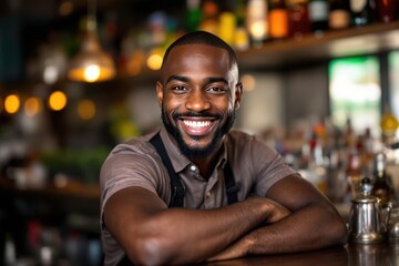 Fototapeta premium portrait of a young smiling Cameroonian male bartender against blurred bar background