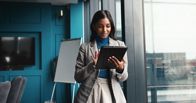 Smile, tablet and planning with business woman in office for workshop coordinator, reading and corporate trainer. Feedback, research and conference organizer with person in agency for schedule