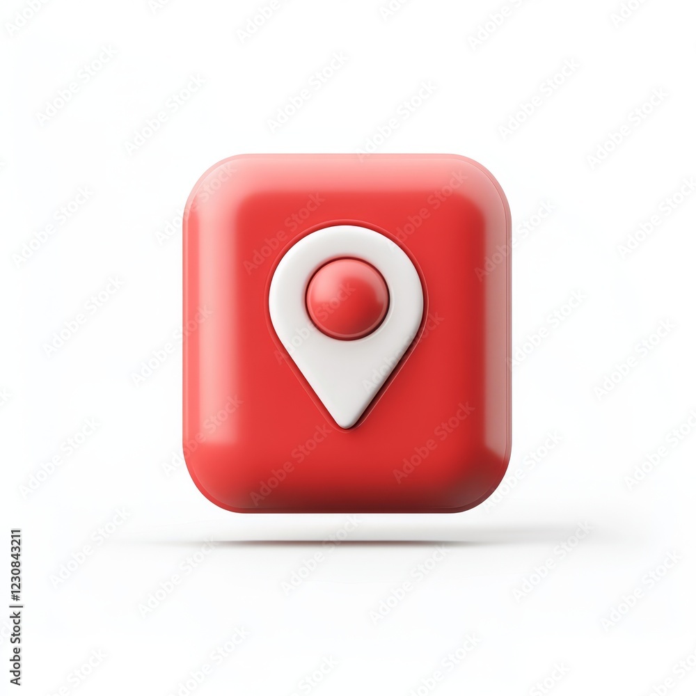 Poster red square button with white location pin icon.