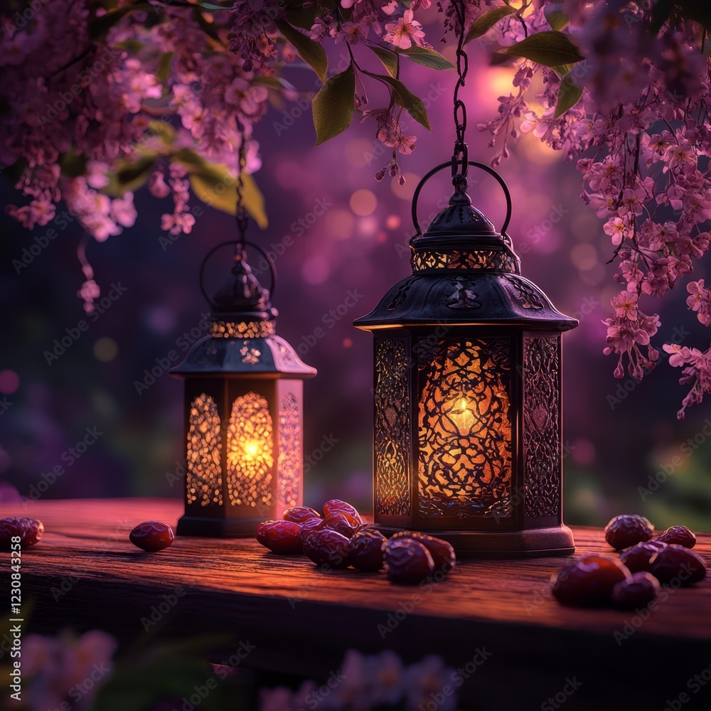 Poster illuminated lanterns and dates under blossoming tree at night.